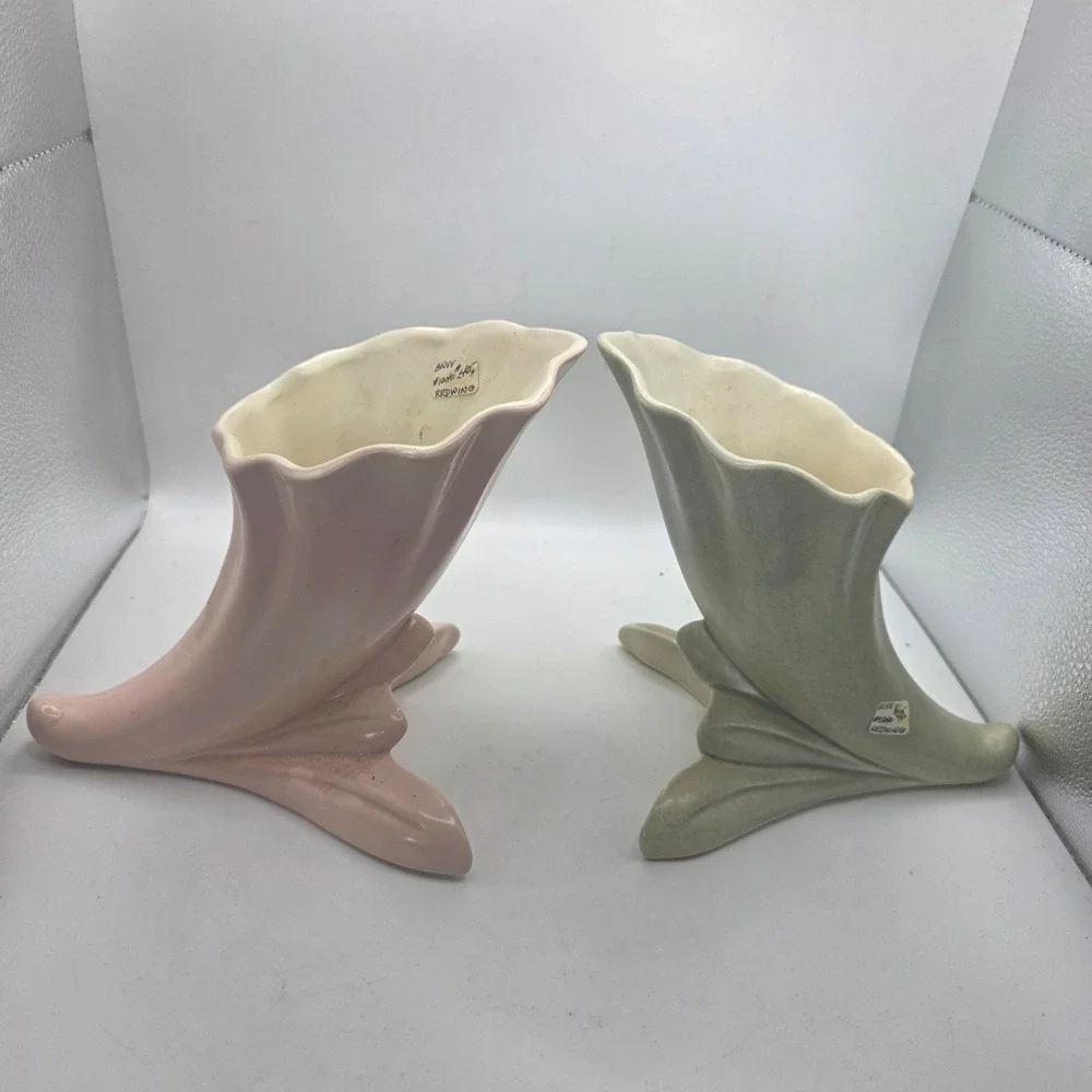 Red Wing Pottery USA 1240 Cornucopia Vase Pair Pink Green MCM Art Pottery